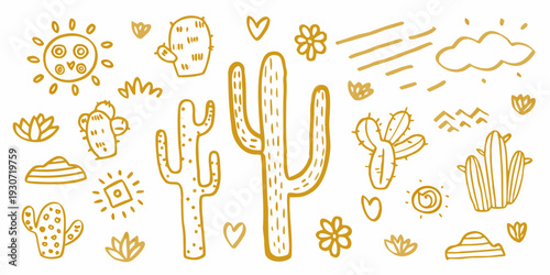 Desert landscape illustration featuring cacti suns and botanical elements