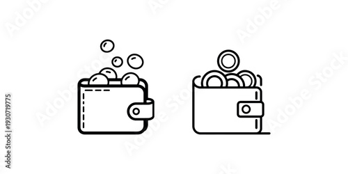 Minimalist wallet with coins icons set showing savings and money management concept outline style illustration for finance and banking application design