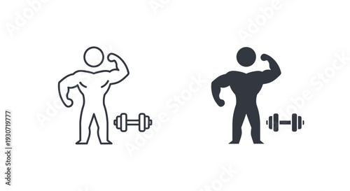 Two depictions of a weightlifter flexing muscles line and solid silhouette