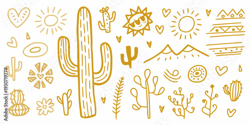 Desert themed doodle set with cacti suns hearts and mountain shapes