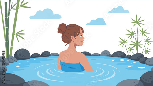 A digital illustration of a serene hot spring scene with a young woman in a blue towel relaxing in crystal-clear blue water (1)_traced