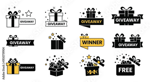 Various giveaway and winner announcement badges with decorative elements silhouette