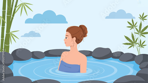 A digital illustration of a serene hot spring scene with a young woman in a blue towel relaxing in crystal-clear blue water (3)_traced