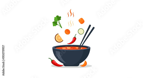 A bowl of red soup or stew with various ingredients and spices floating around it, chopsticks inside, vector illustration