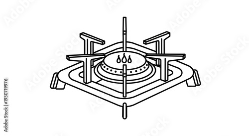 Illustration of a gas stove burner with flames from a top viewpoint in a kitchen environment showing stove, burner, flames, cooking, and appliance