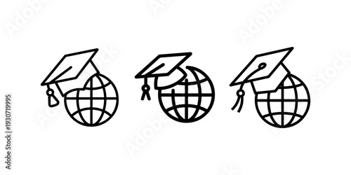 Education graduation cap on globe icons representing global learning and international academic achievement in linear vector style for school university use