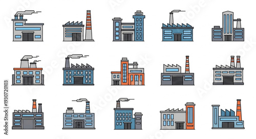 Industrial Buildings and Factories Illustration Set.