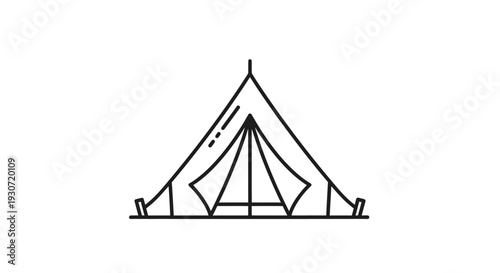 Simple line art illustration of a tent from a front viewpoint in a serene outdoor environment