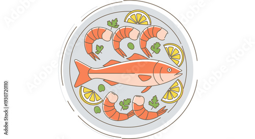 Seafood platter with fish and shrimp arranged on a plate with lemon slices and herbs, viewed from above.