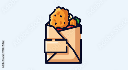 Food items in a paper bag, fast food illustration, takeaway meal, snack, bag view