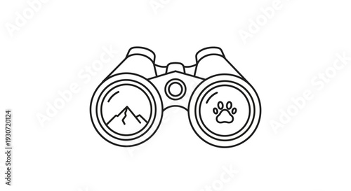 Binoculars with mountain and paw print icons, symbolizing wildlife observation and outdoor adventure activities