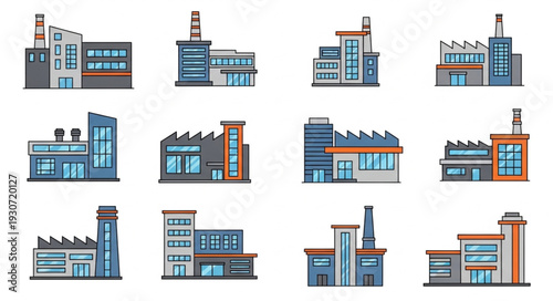 Industrial Buildings and Factories Illustration Set.