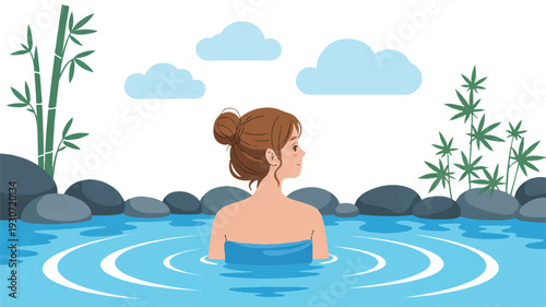 A digital illustration of a serene hot spring scene with a young woman in a blue towel relaxing in crystal-clear blue water (4)_traced