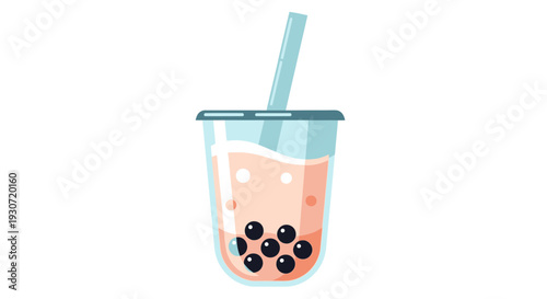 Illustration of a drink with boba, straw, and lid in a clear cup viewed from the side