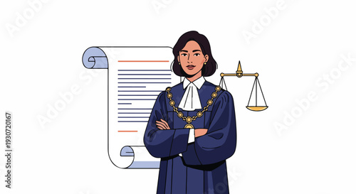 Illustration of a female judge standing confidently with arms crossed in a blue robe against a white background with a legal document and scales of justice.