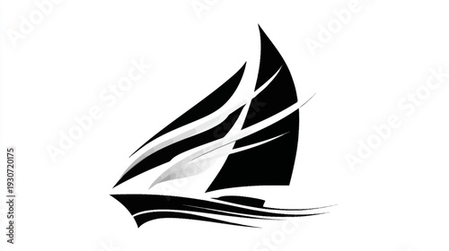 A stylized black and gray sailboat graphic on a white background, suggesting motion
