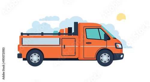 Orange truck with a flatbed and sun in a clear sky silhouette