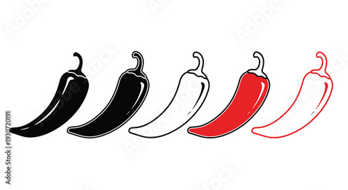 Five chili peppers in varying shades a striking visual silhouette