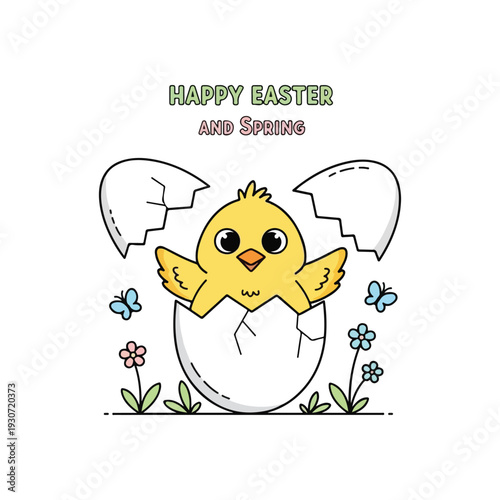 Adorable fluffy yellow chick hatching from a cracked white egg surrounded by blooming flowers and fluttering butterflies, a whimsical springtime celebration.