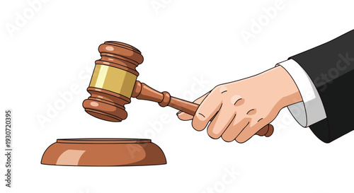 A hand in a business suit holds a wooden gavel over a sound block on a plain white background.