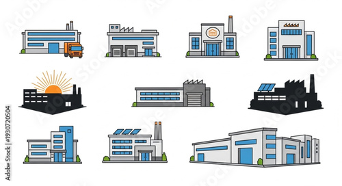 Industrial Buildings and Factories Illustration Set.