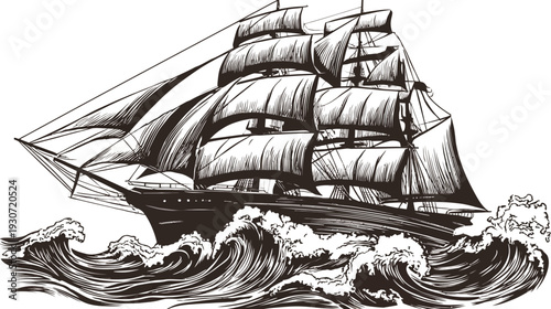 A detailed monochrome illustration of a tall ship sailing the turbulent sea