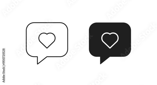 Two heart shaped speech bubbles one outlined and one solid silhouette
