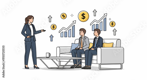 Woman Leads Two Men on Couch with Graphs and Laptop in Modern Office Setting