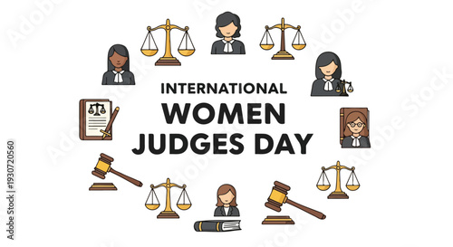 Graphic illustration celebrating International Women Judges Day with various legal icons and female judges on a white background.