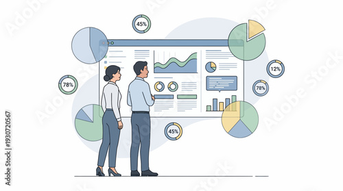 Two professionals examine detailed charts on a large screen during a data analysis presentation in a clean white studio