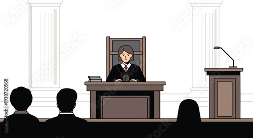 Illustration of a judge sitting at a desk in a courtroom with a lectern and audience silhouettes.
