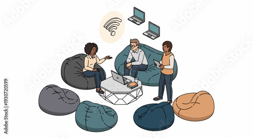 Three People Gather Around a Coffee Table in a LivingRoom, Engaging with Laptops and Furniture in a Modern Tech Scene
