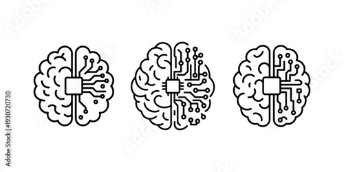 Artificial intelligence and machine learning technology vector icon set, human brain with microchip and neural network circuits in various designs