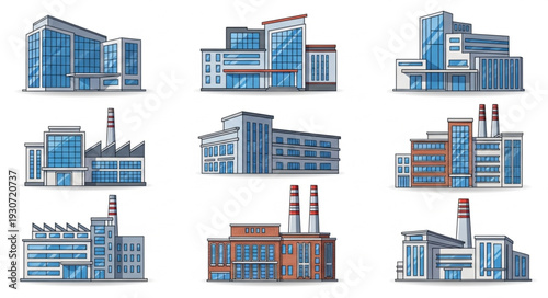Industrial Buildings and Factories Illustration Set.