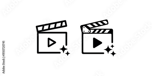 Video production and editing icon set, clapperboard with play button and creative sparkle effects, symbol for film and media content