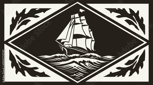 Black and white illustration of a sailboat on waves within a diamond and decorative leaf borders