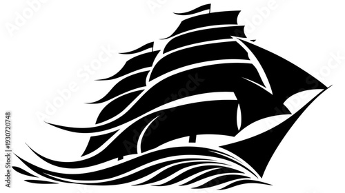 A silhouette of a sailing vessel on waves, with billowing sails. A stylized ocean scene