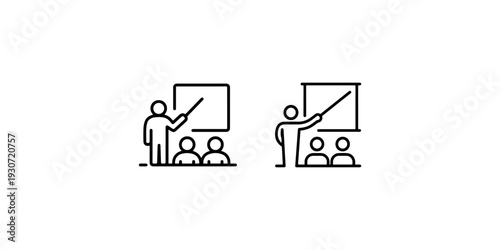 Teacher and students icon set, classroom scene with instructor pointing at whiteboard, symbol for education and learning environment