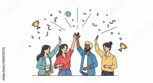 Four People Celebrate Together With Confetti in a Joyful Unity Moment