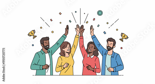 Cartoon Celebration Group in Plain Background with Confetti, Joyful People Raising Arms, Colorful Festive Scene – Front View