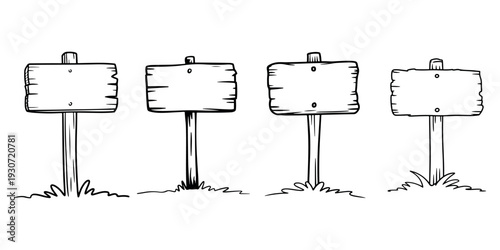 Collection of blank wooden signs on posts with grass isolated on white background, simple hand drawn style illustration