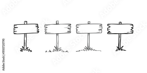 Four rough blank wooden signs on posts with grass, hand drawn style, isolated on white background, one pointing down