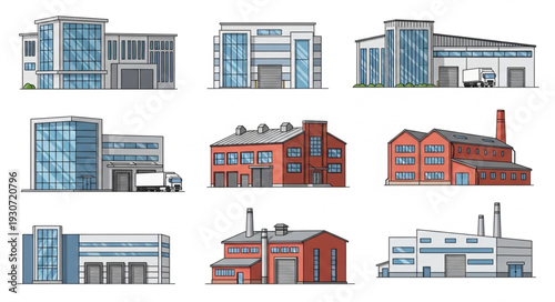 Industrial Buildings and Factories Illustration Set.