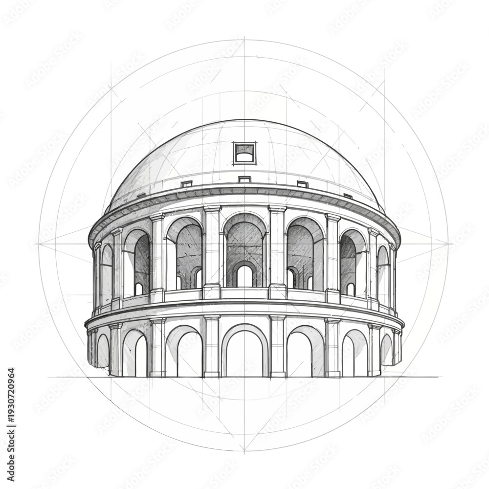 Fototapeta premium Architectural Sketch of a Classical Domed Building with Arches.