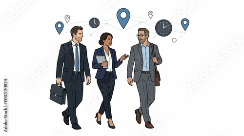 Business Professionals Walking to Meeting with Icons Above Illustrating Technology
