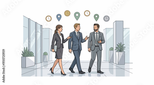Three Professionals Walking in a Trio Through Office Business Icons in a Cartoon Illustration