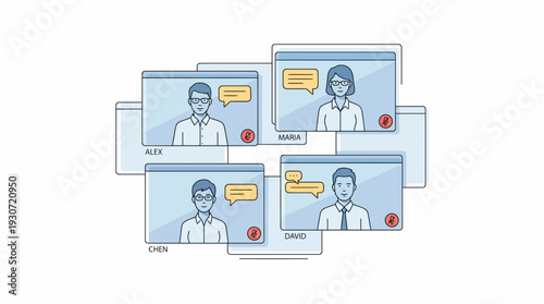 Four Cartoon Men with Speech Bubbles Chatting on Light Blue Monitors in a Staggered Group Conference Setup