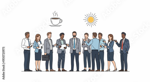 Nine Business Colleagues Using Phones in a Cartoon Office Break with Coffee and Sun Icons
