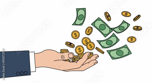 Cartoon hand releases green and gold money into the air, symbolizing financial success in a simple illustration