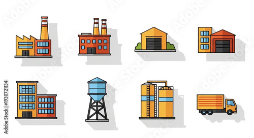 Industrial Buildings and Factory Icons Set.